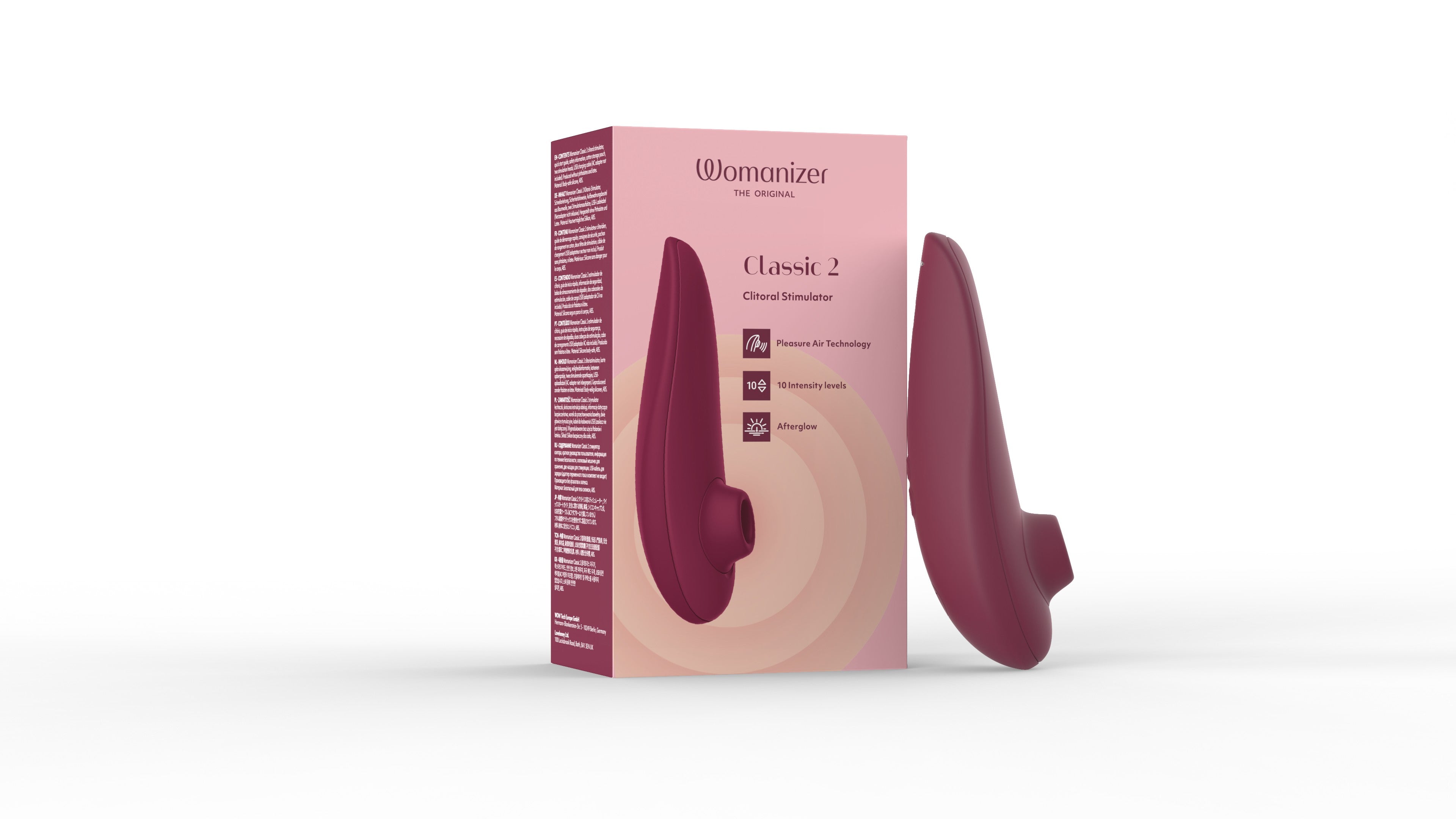 Womanizer Classic 2 clitoral stimulator in bordeaux, featuring Pleasure Air Technology and 10 intensity levels.
