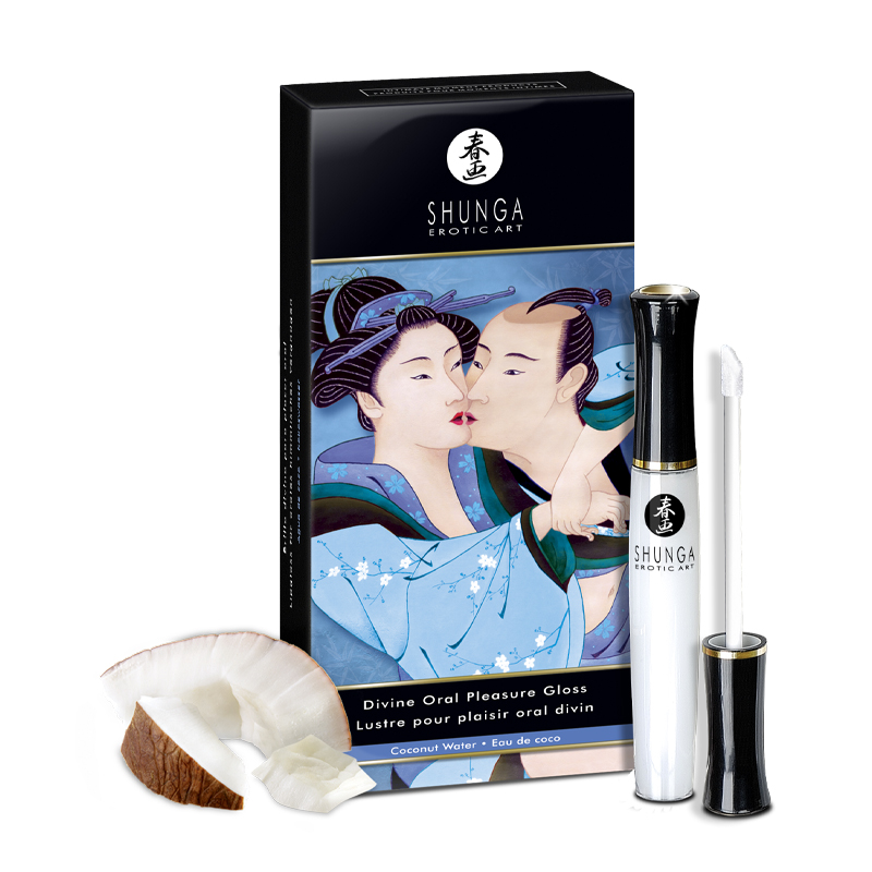 Shunga oral pleasure lipgloss with coconut water flavor and a warming and cooling effect.
