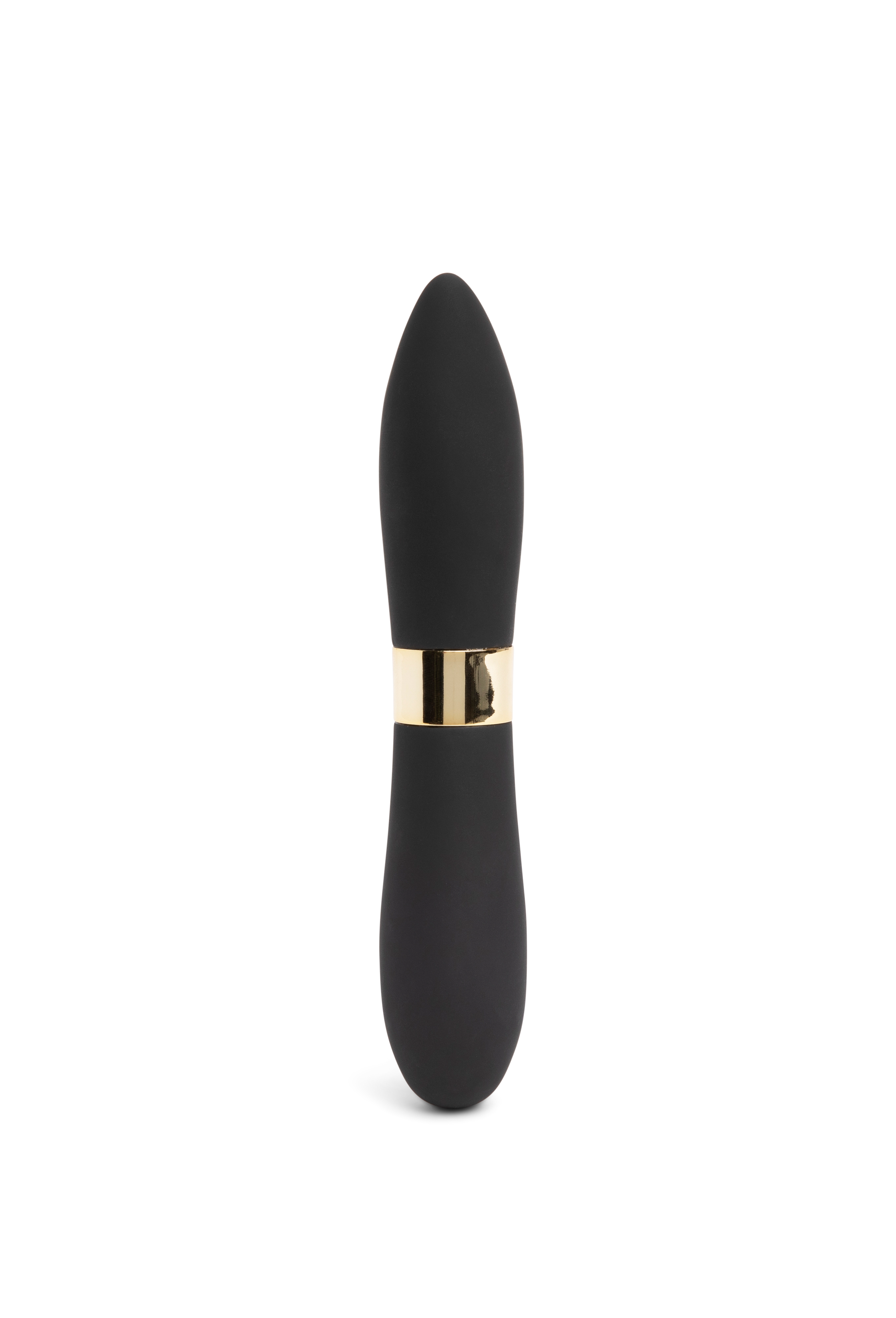Black double-ended silicone vibrator with a gold band.