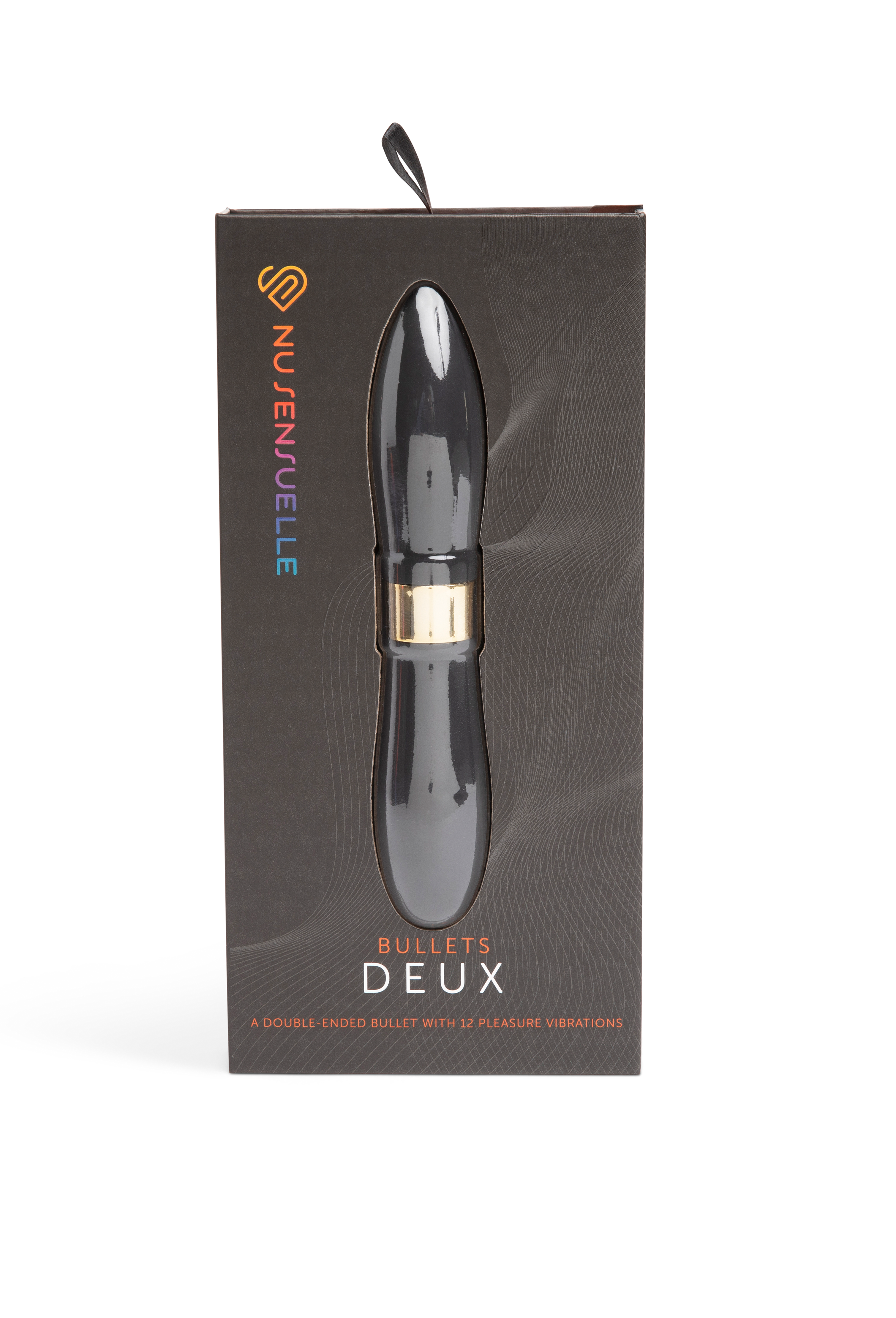 Nu Sensuelle double-ended bullet vibrator in black with gold accent.