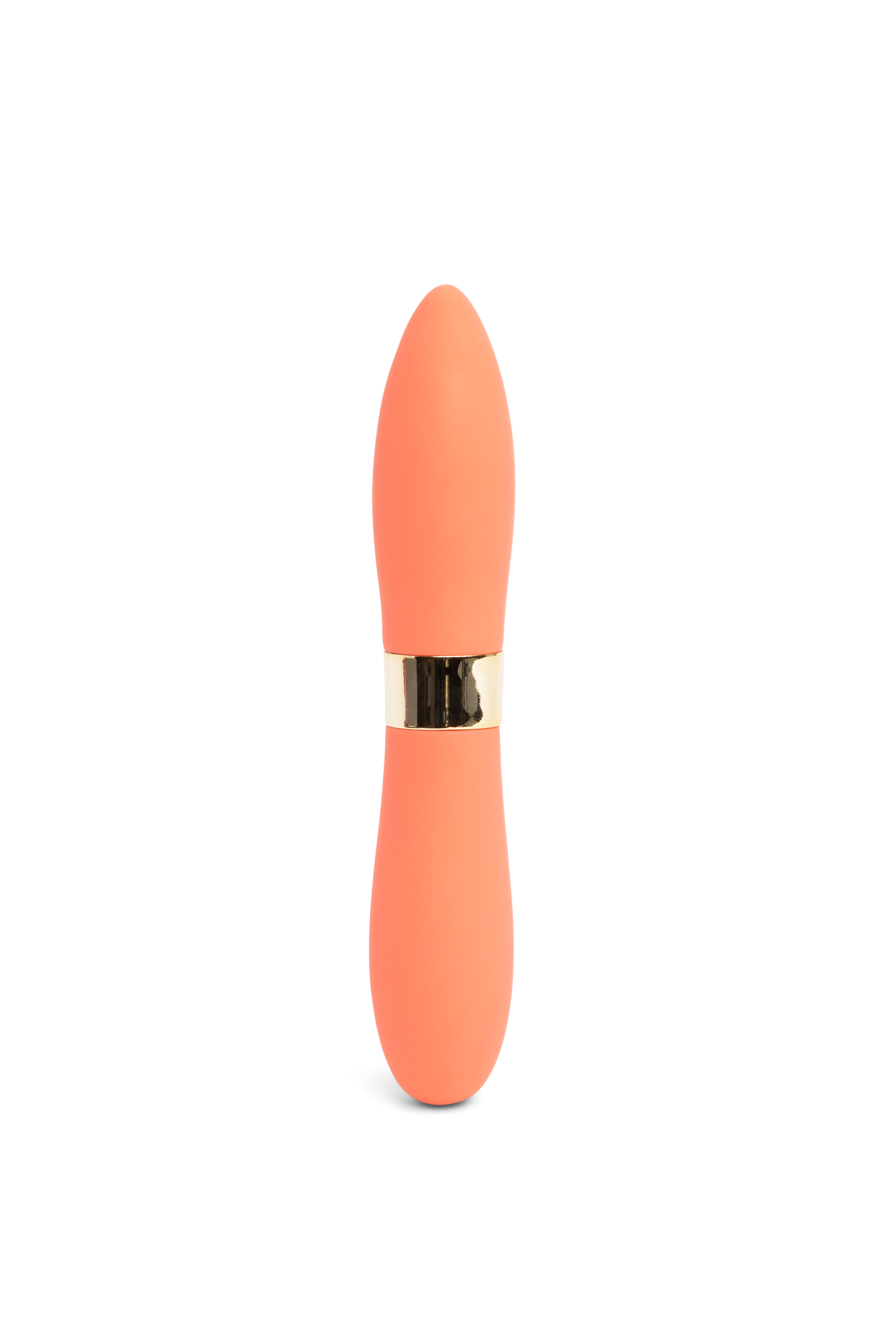 A peach-colored double-ended silicone vibrator with a gold band.