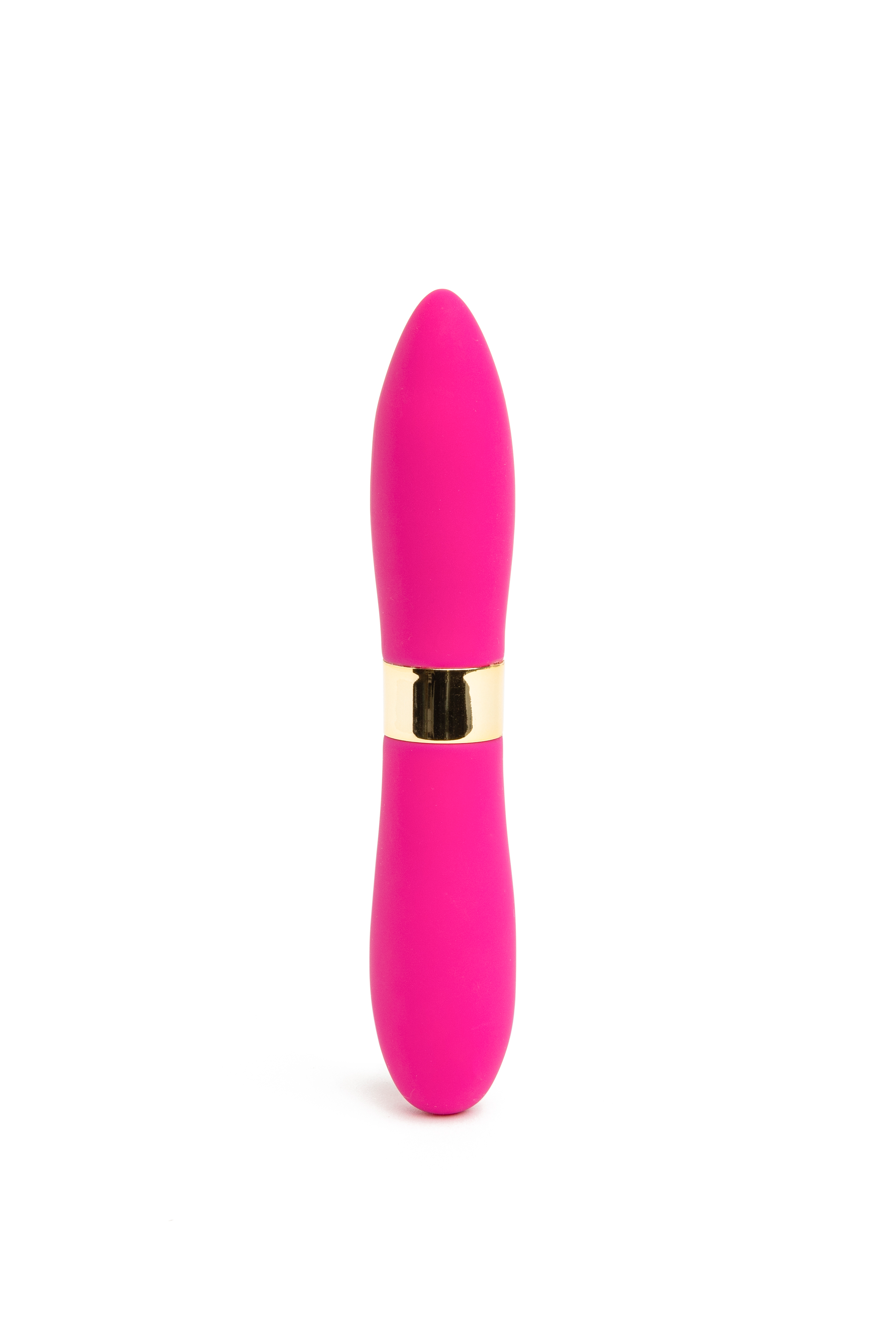 A pink silicone bullet vibrator with a gold band.