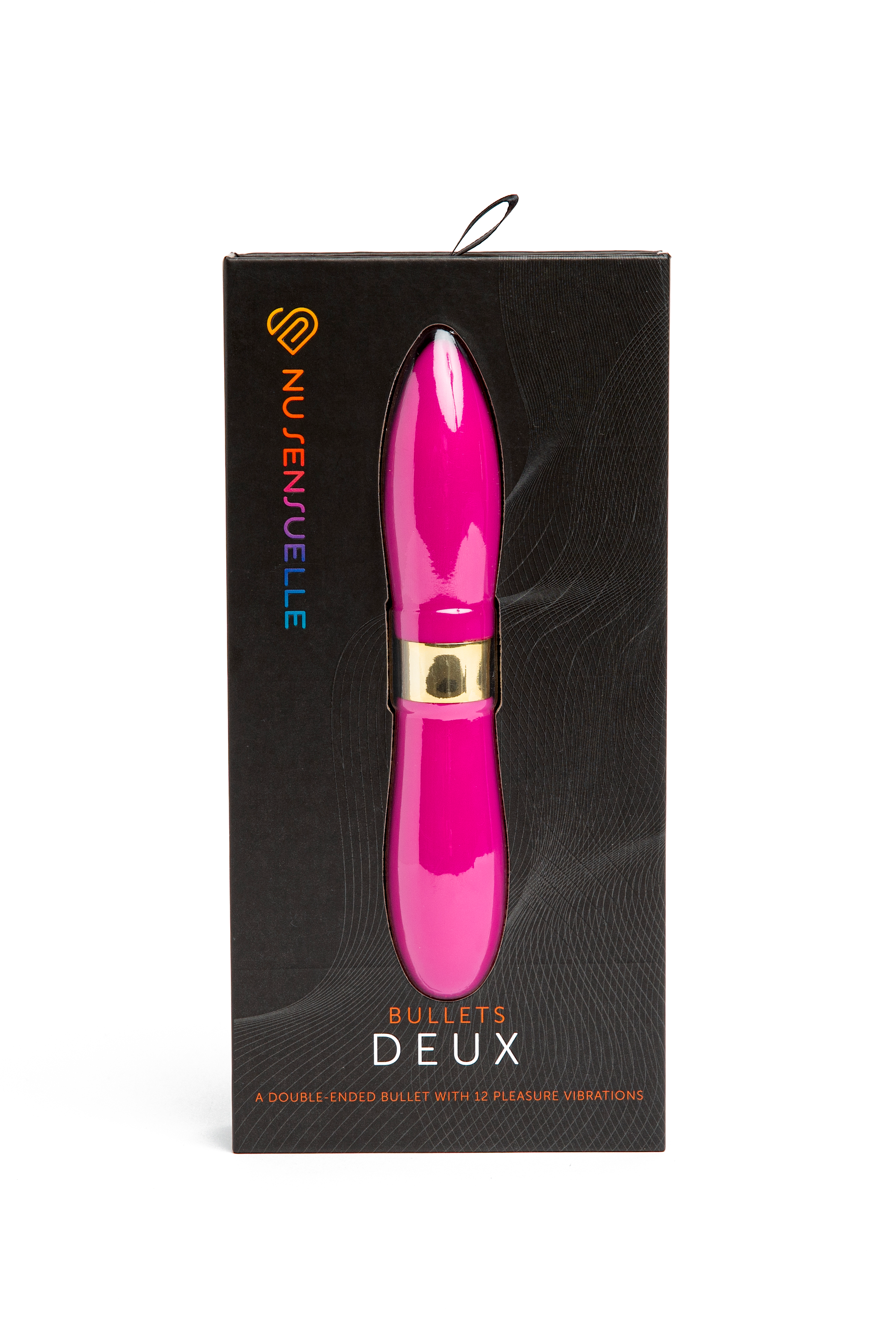 Nu Sensuelle Deux Double-Ended Bullet vibrator in pink with gold accents.