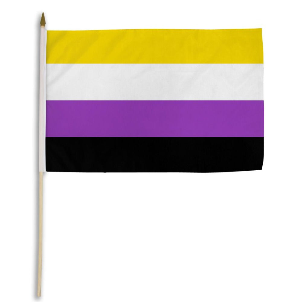 A handheld non-binary pride flag with yellow, white, purple, and black stripes.