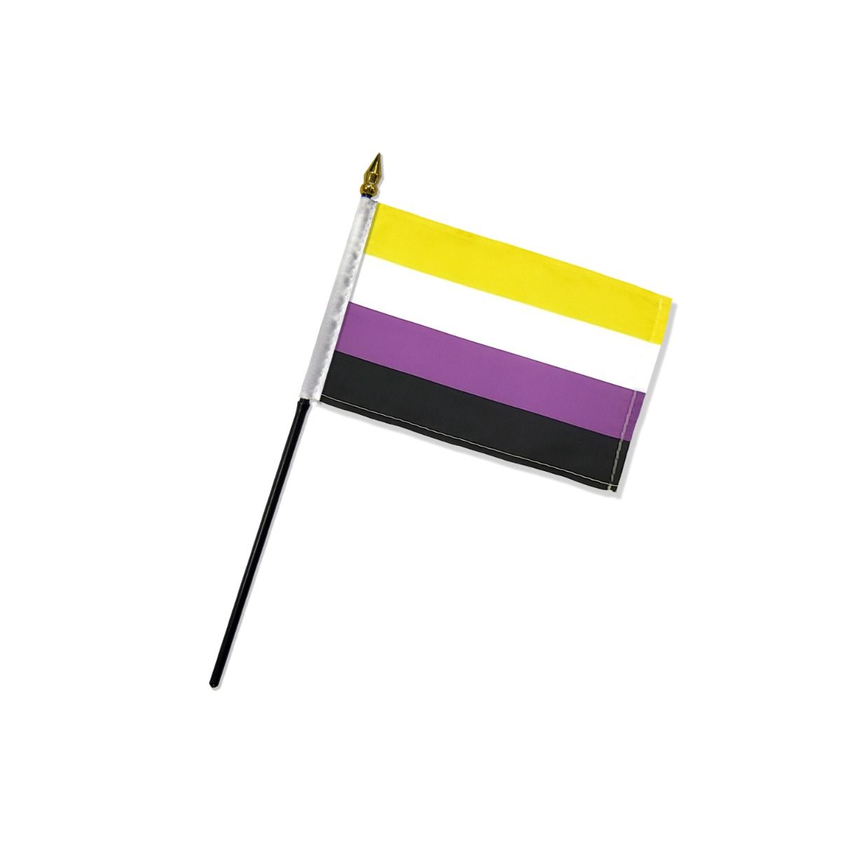 A small non-binary pride flag on a black stick with a gold finial.