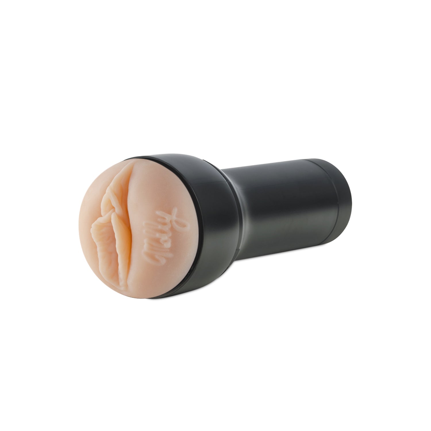 A realistic stroker masturbator with a textured interior and a black casing.