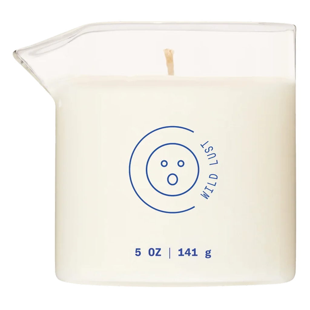 A white massage oil candle in a glass beaker with a blue logo and text.