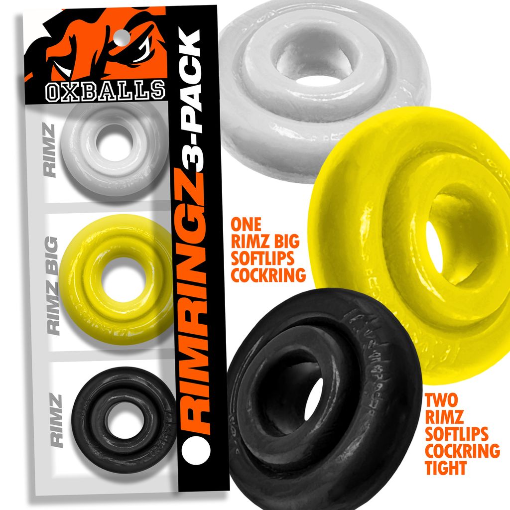 Three OXBALLS RIMZ cock rings in white, yellow, and black.