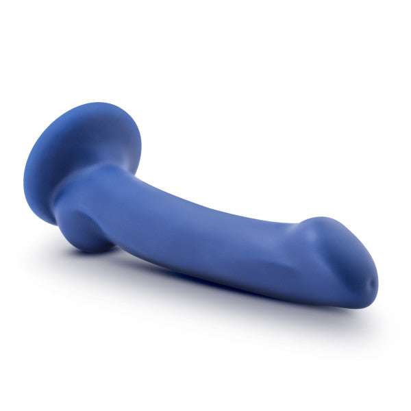 A blue silicone dildo with a curved shaft and a flared base.