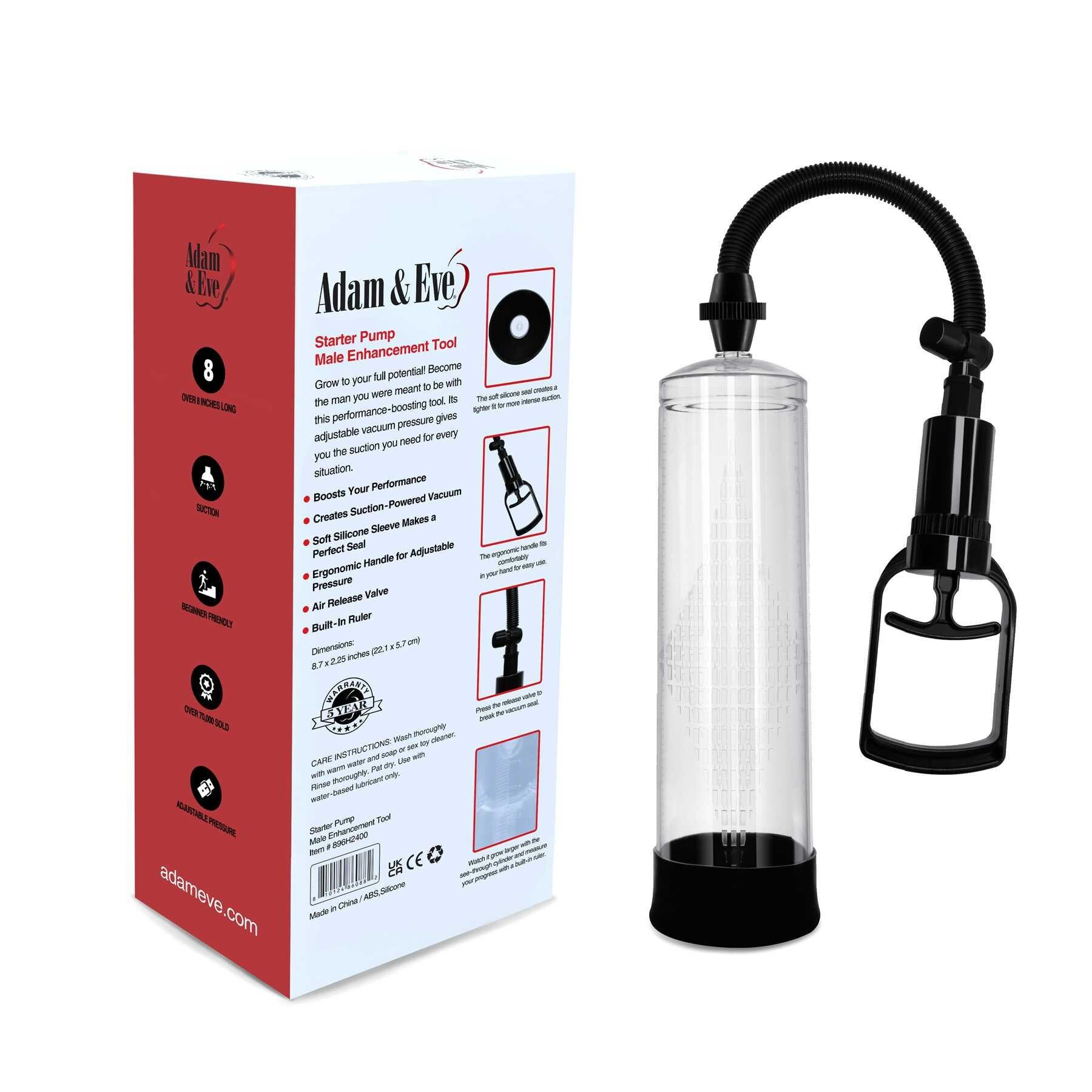 Adam & Eve starter penis pump with clear cylinder and black handle.