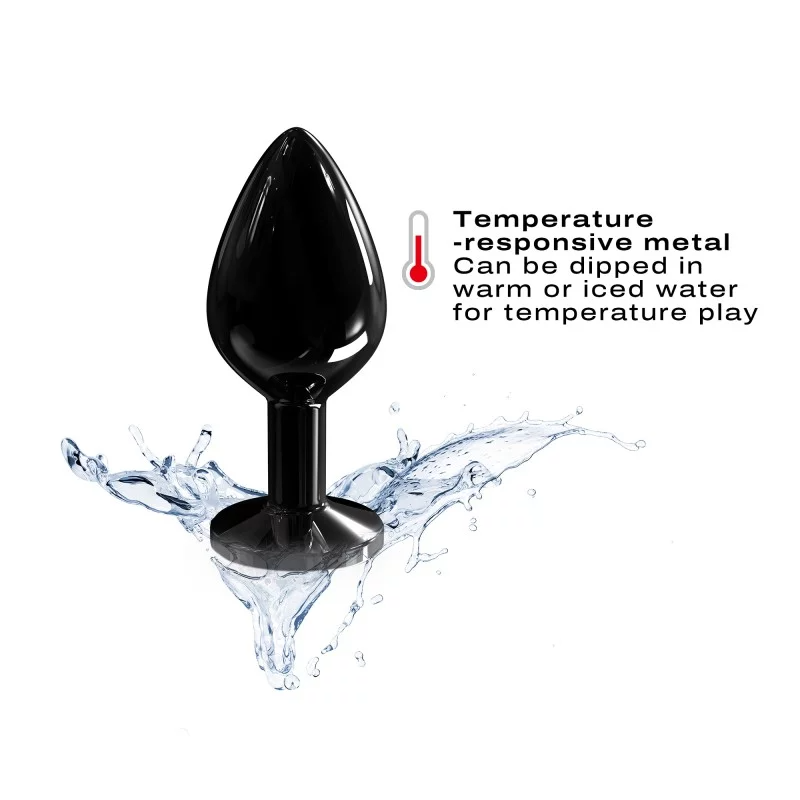 Black metal anal plug with a diamond base, shown with water splashes.