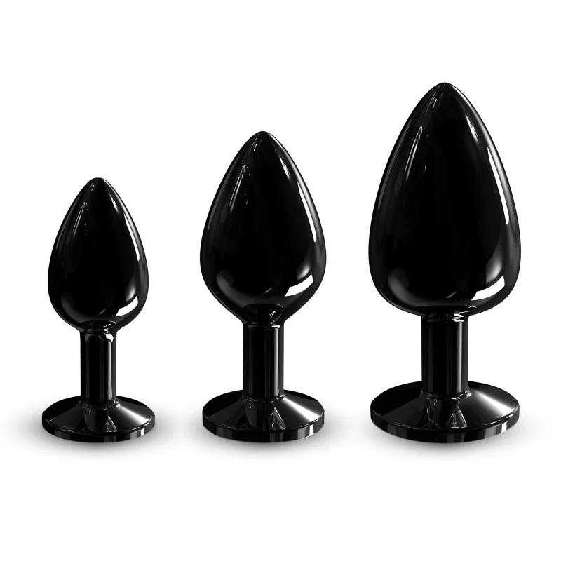 Three black anal plugs of varying sizes with flared bases.