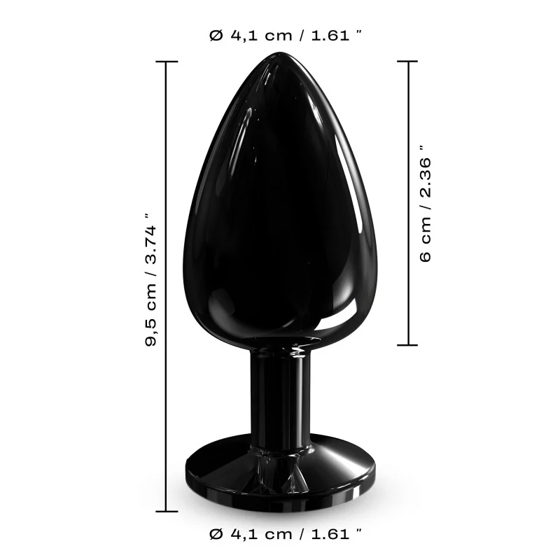 Black metal anal plug with diamond base, 9.5 cm long.