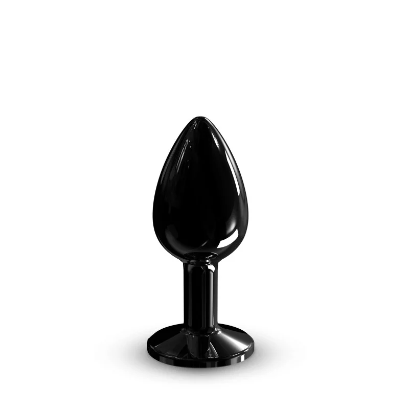 Black metal anal plug with a tapered tip and a flared jewel base.