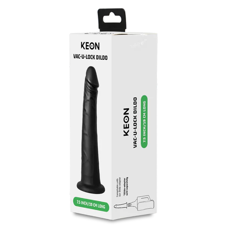 Black silicone vacuum-lock dildo with "KEON" branding.