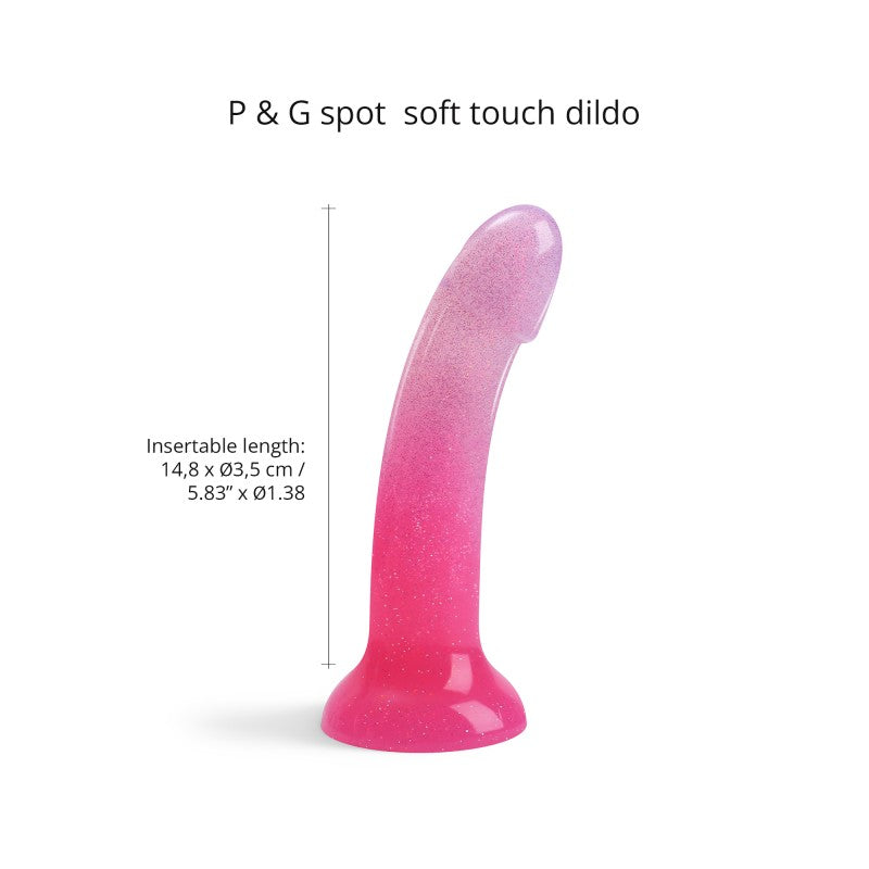 Pink curved silicone dildo with suction base, glitter accents, and 5.83-inch insertable length.