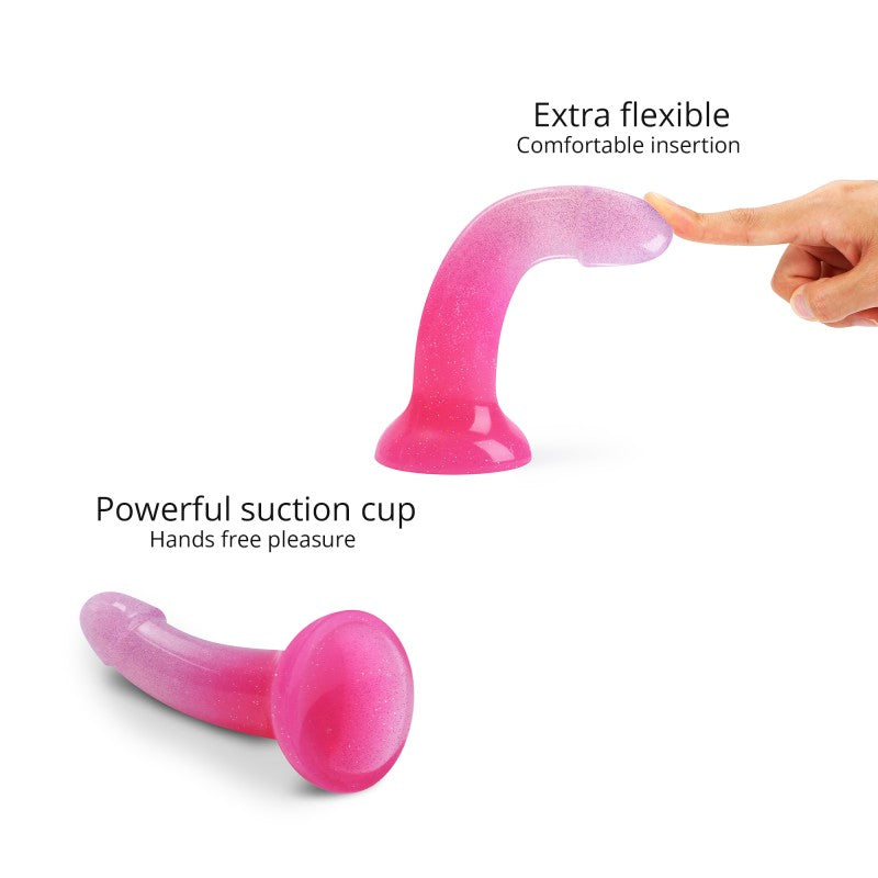 Curved pink silicone dildo with a suction base.