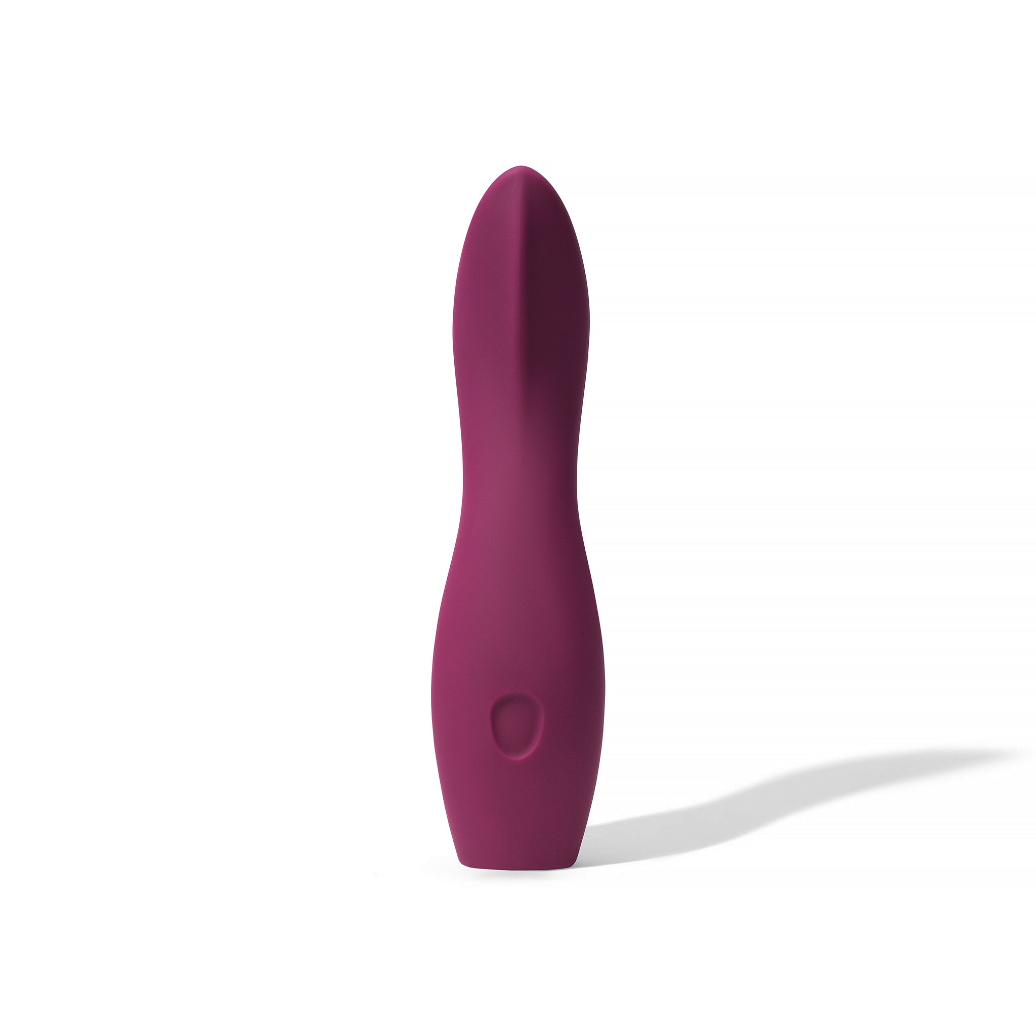 Plum colored silicone vibrator with a rounded tip and a single button.
