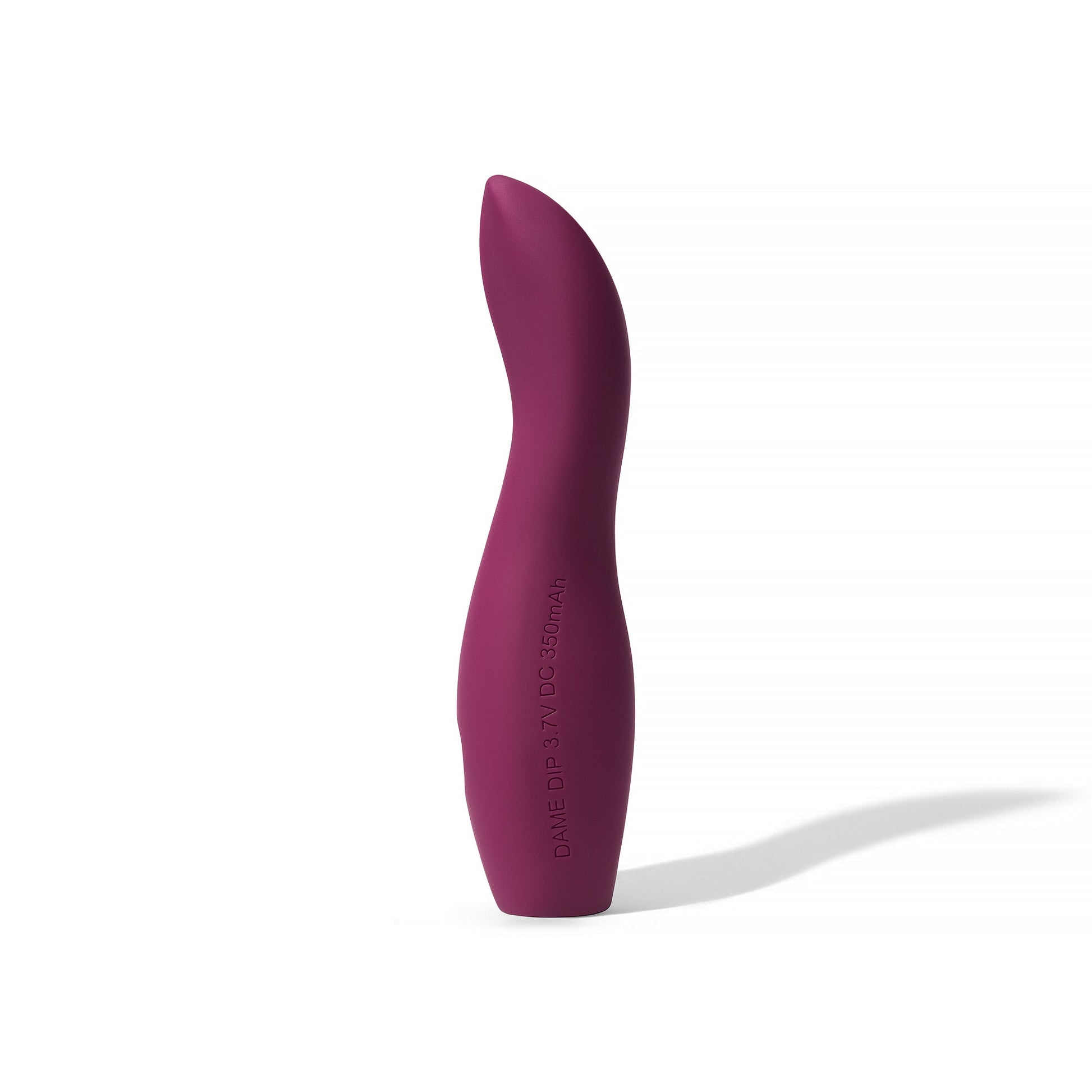 A plum-colored, curved vibrator with text indicating "DAME DIP 3.7V DC 350mAh".