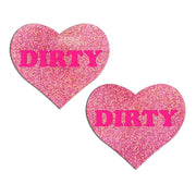 Two pink glitter heart pasties with the word "DIRTY" in pink letters.