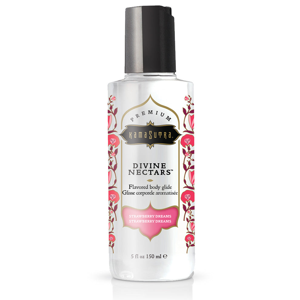 Kama Sutra Strawberry Dreams flavored body glide in a clear bottle.