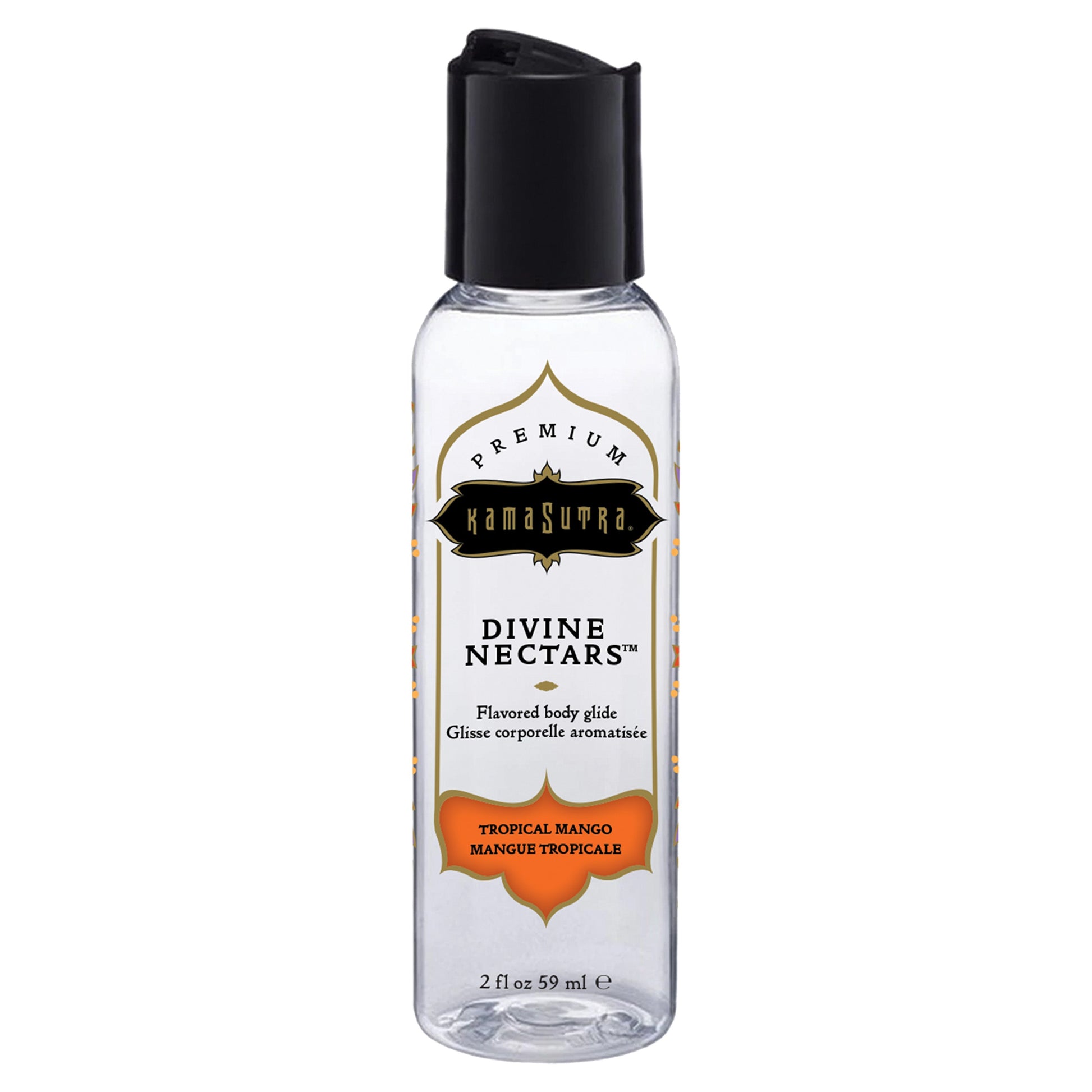 Kama Sutra Tropical Mango flavored water-based body glide in a clear bottle with a black cap.