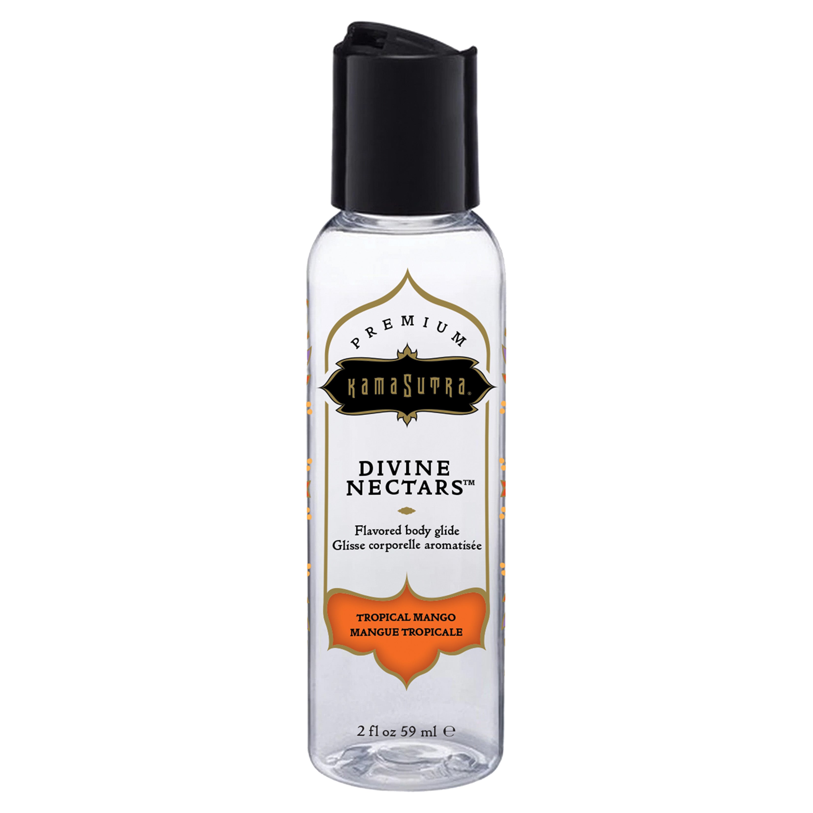 Kama Sutra Tropical Mango flavored water-based body glide in a clear bottle with a black cap.