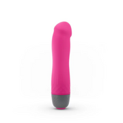 Magenta silicone vibrator with a grey textured base.