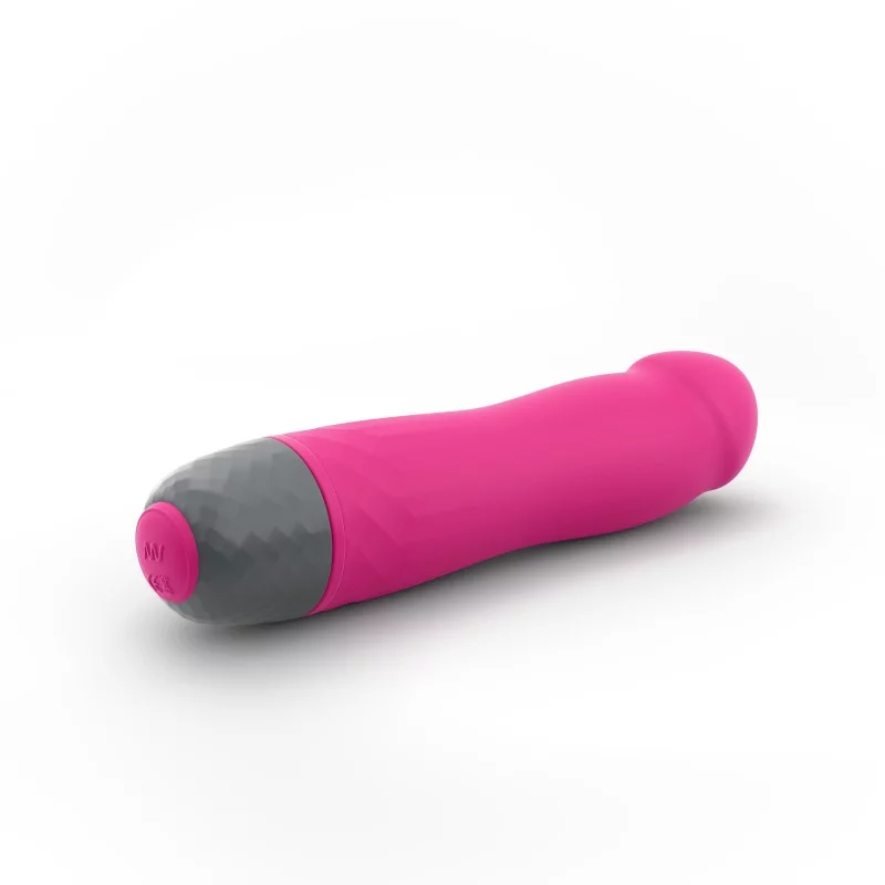 Magenta silicone vibrator with a textured grey tip.