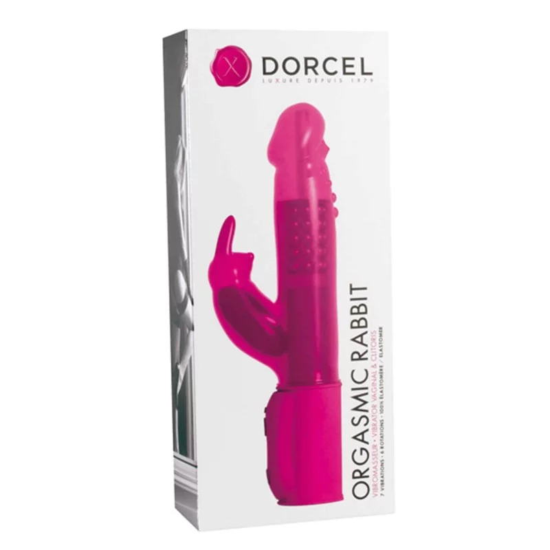 Pink Dorcel rabbit vibrator in box with G-spot rotation and 7 modes.
