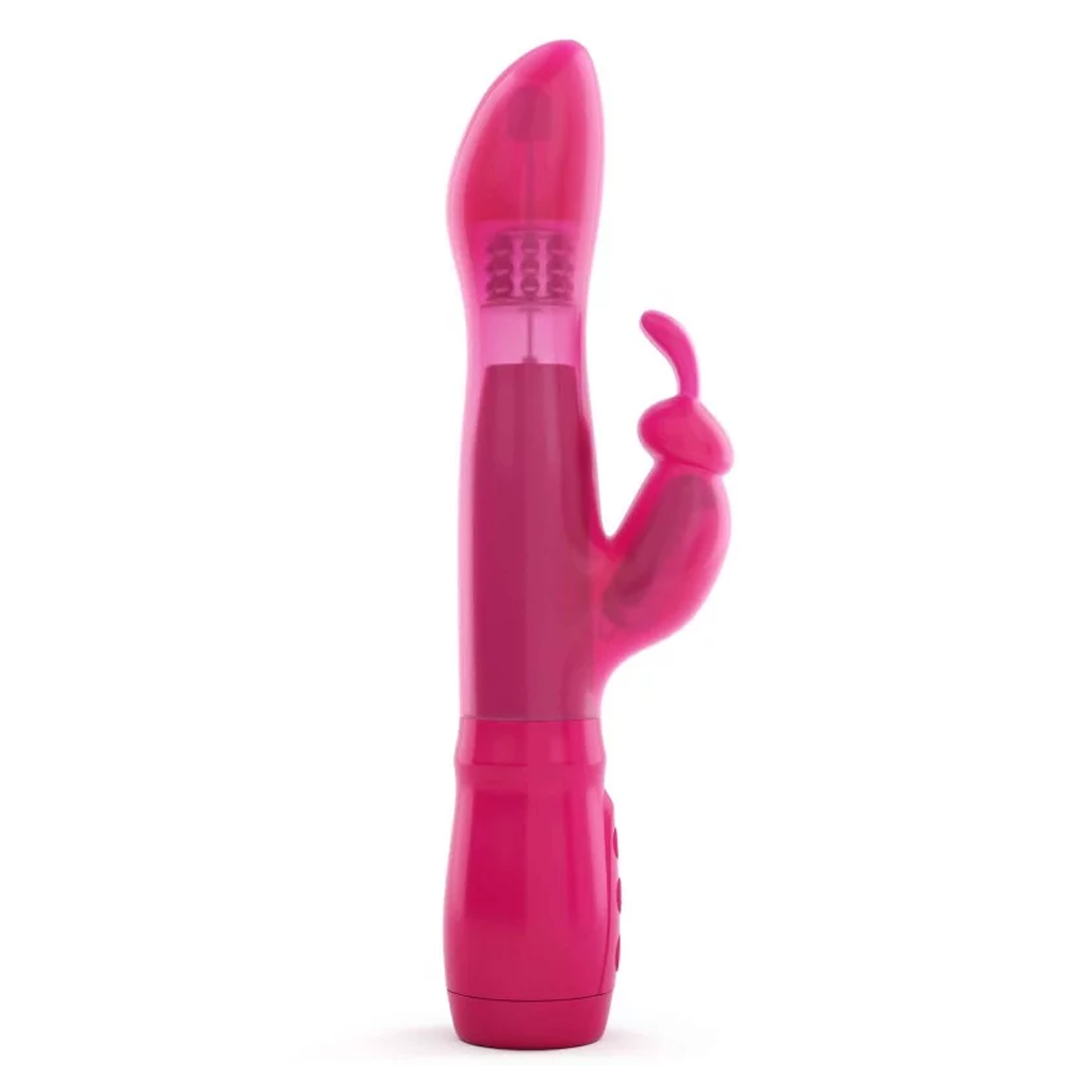 A pink rabbit vibrator with a rotating head.
