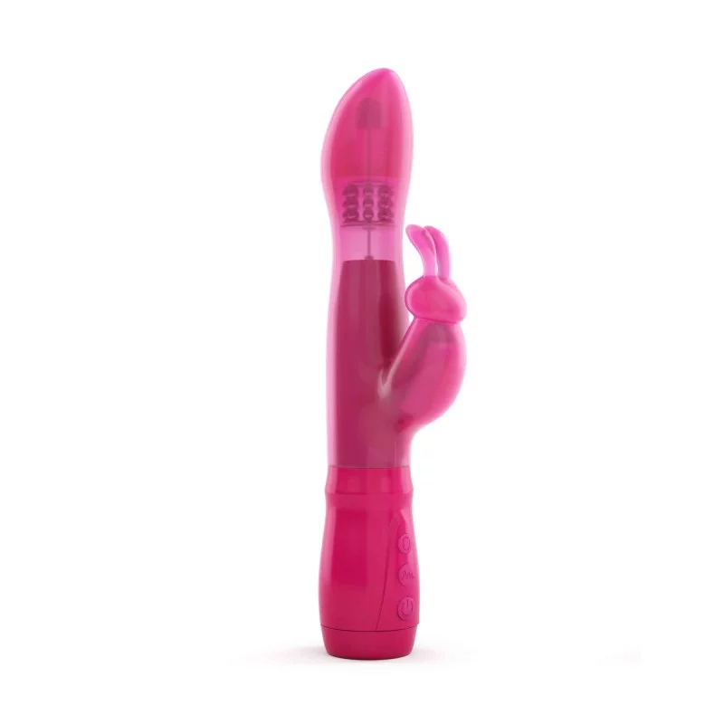 Pink rabbit-shaped vibrator with a rotating head and textured tip.