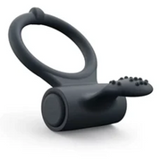 A dark grey silicone vibrating cock ring with a clitoral stimulator.