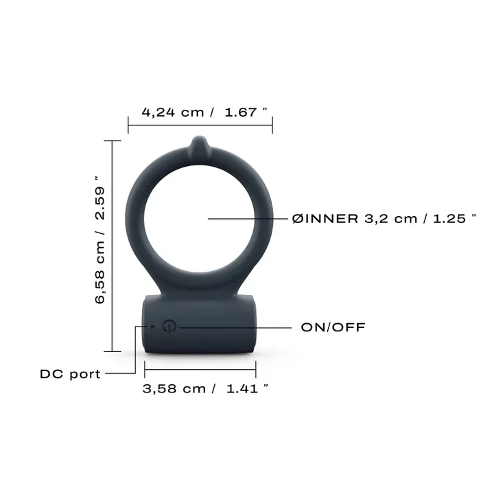 A grey silicone vibrating cock ring with dimensions and labels.