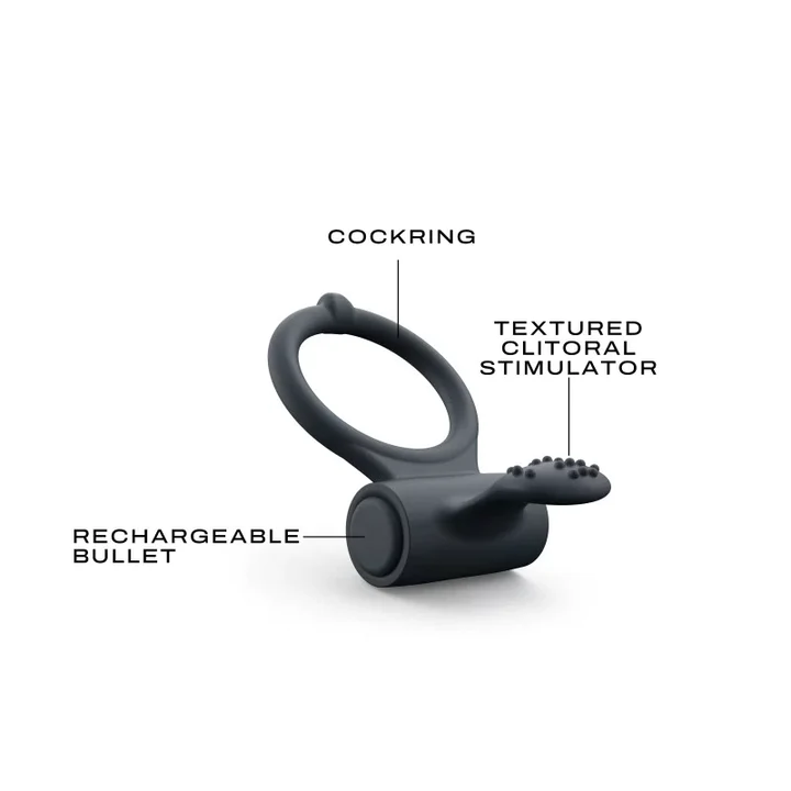 A grey silicone cock ring with a clitoral stimulator and a rechargeable bullet.
