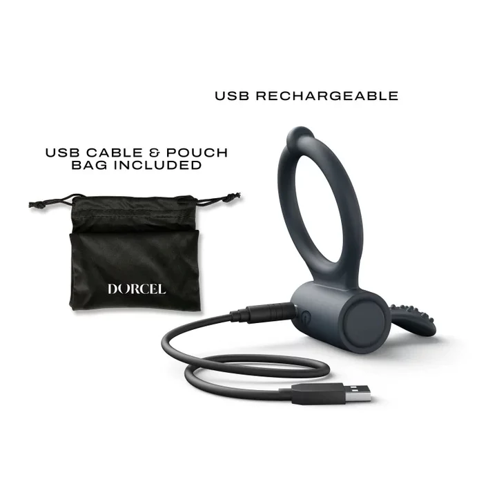 A grey vibrating cock ring with a USB cable and pouch.