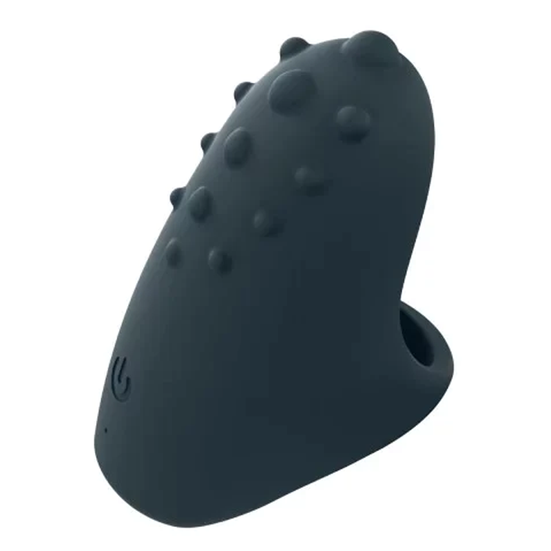 A dark grey silicone finger vibrator with raised bumps and a power symbol.
