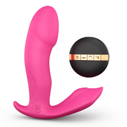 Pink clitoral and G-spot stimulator with a black remote control.
