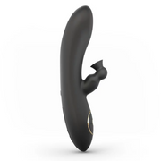 A black silicone vibrator with a curved shaft and a clitoral stimulator.