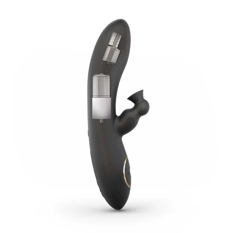 Black silicone rabbit vibrator with dual motors and a gold accent.