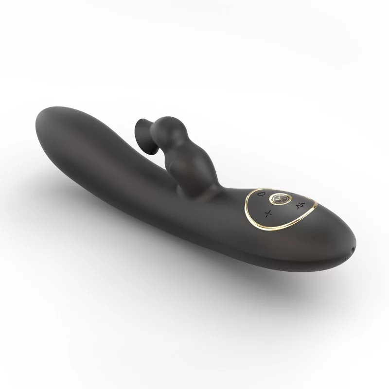 Black silicone vibrator with dual stimulators and gold-accented control buttons.