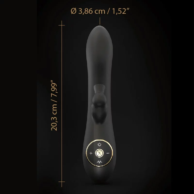 Black silicone vibrator with dual stimulation and control buttons.