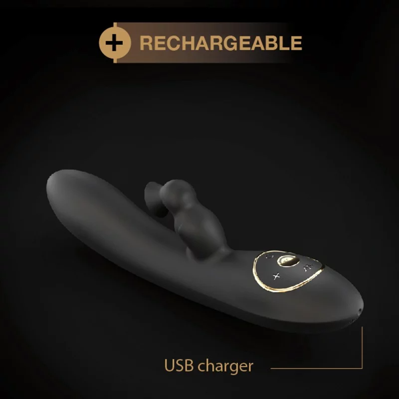 Black silicone rabbit vibrator with gold accents and USB charger.