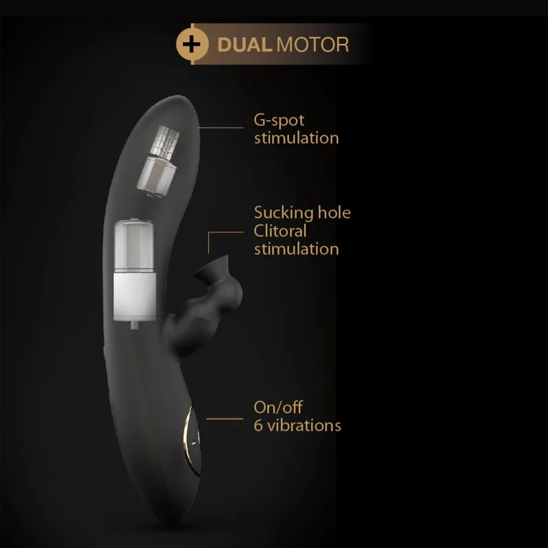 Black silicone vibrator with dual motors for G-spot and clitoral stimulation.