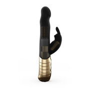 Black and gold rechargeable vibrator with a rabbit ear design.