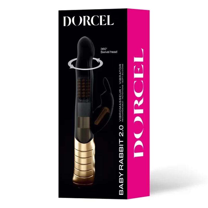 Black and gold Dorcel Baby Rabbit 2.0 vibrator with a swivel head.