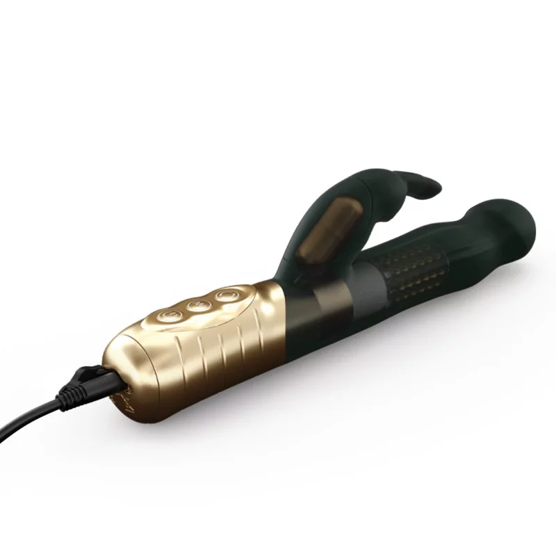 Black and gold rechargeable G-spot vibrator with buttons and a charging cable.