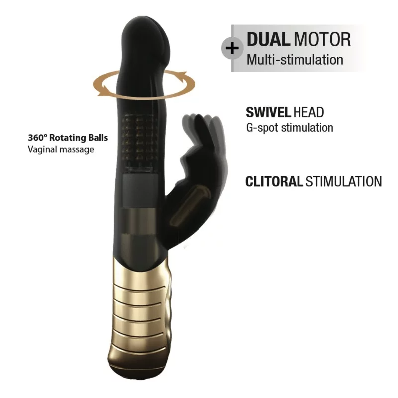 Black and gold dual motor vibrator with rotating balls and clitoral stimulator.