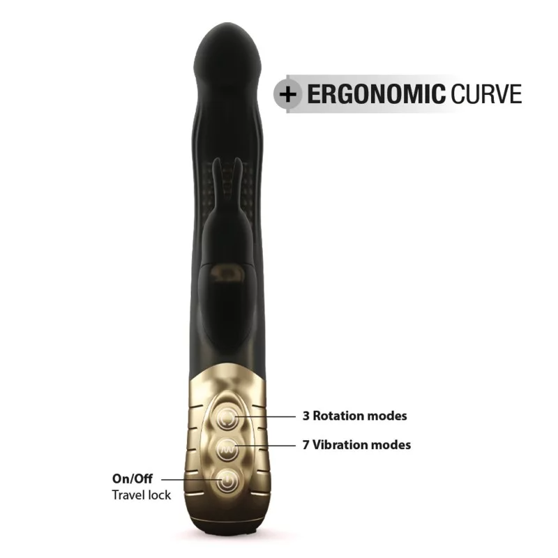Black and gold vibrator with ergonomic curve and three control buttons.