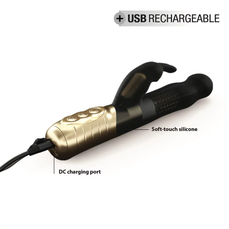 Black and gold rechargeable vibrator with soft silicone and USB charging.